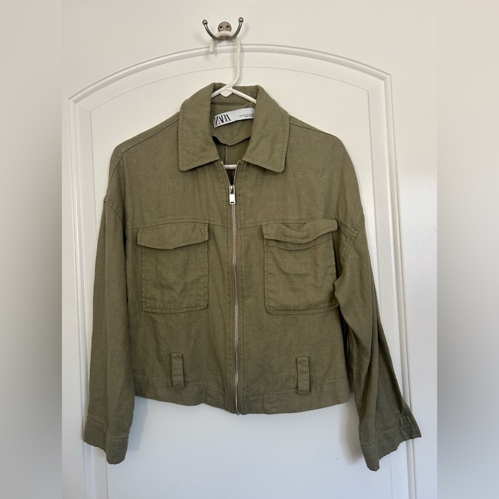 Zara Women's Cropped Utility Zip Up Jacket Olive Green size Medium 90s minimal